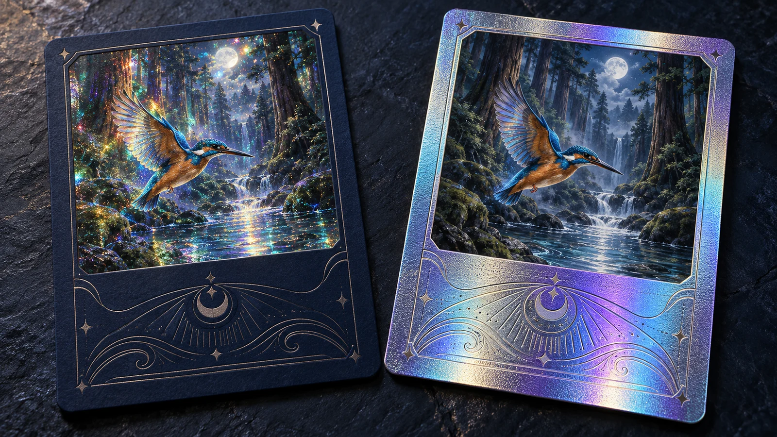 Illustrated cards with matching kingfisher artwork: foil in the artwork on the left, foil around the artwork on the right