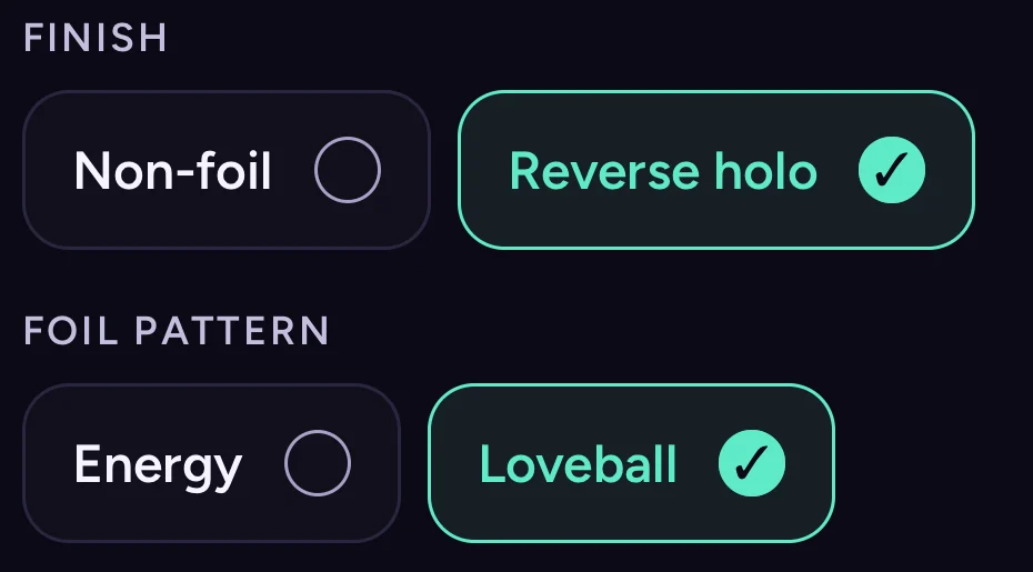 Actual app controls: Reverse holo and Loveball confirmed